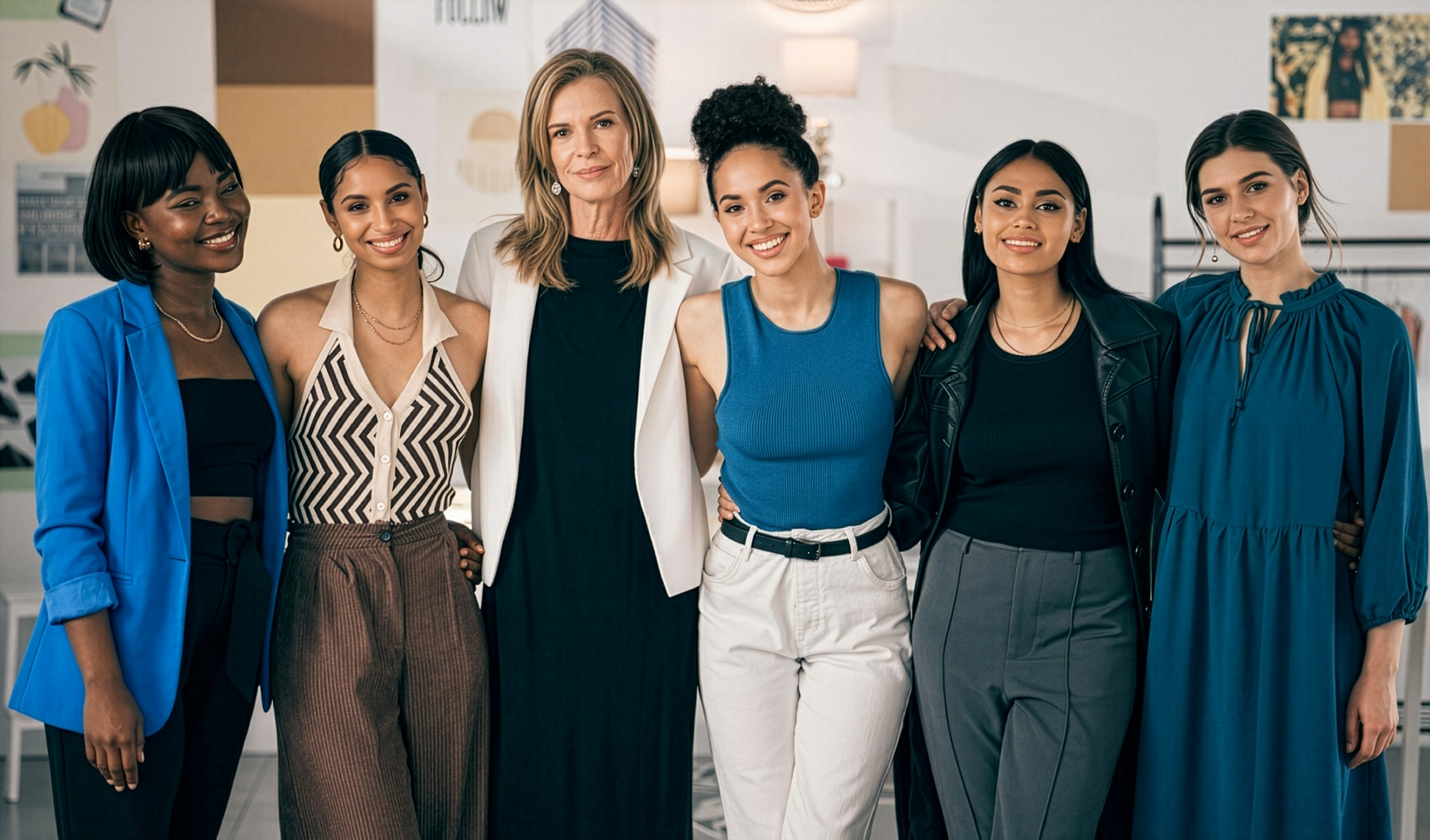 Group of smiling women leaders standing together in an office
