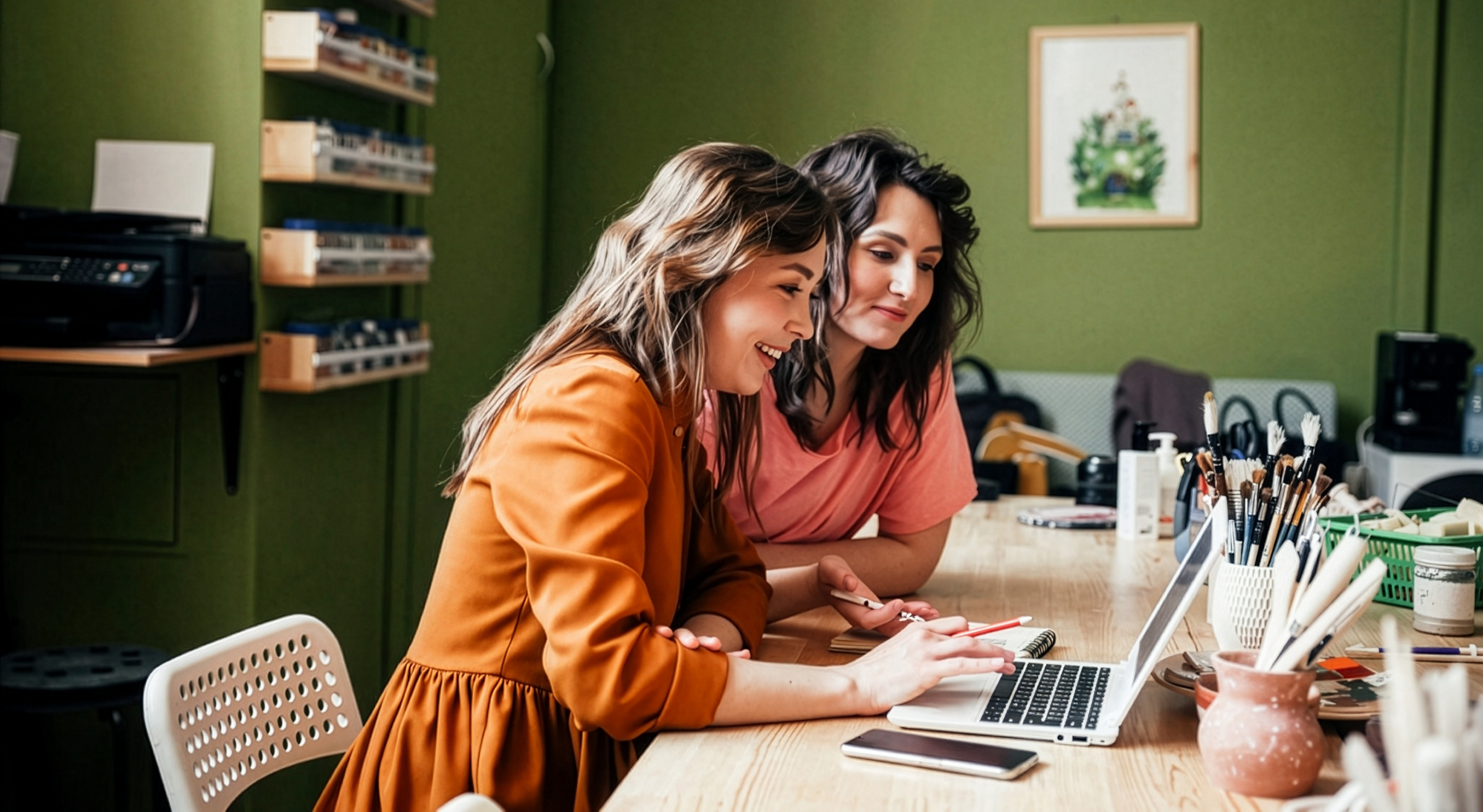 Two women collaborating at a laptop